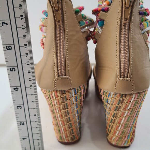 Get More Beauty Women's Platform Wedge Sandals Tan Size 7.5 Open Toe Beads Zip - Picture 7 of 12